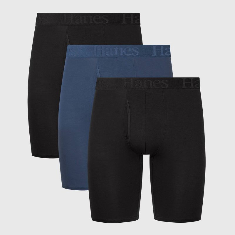 slide 1 of 7, Hanes Premium Hanes Originals Premium Men's SuperSoft Long Leg Boxer Briefs 3pk - Teal Blue/Black S: Lightweight, Tagless, Moisture Wicking, Stretch Knit Fabric, 3 ct