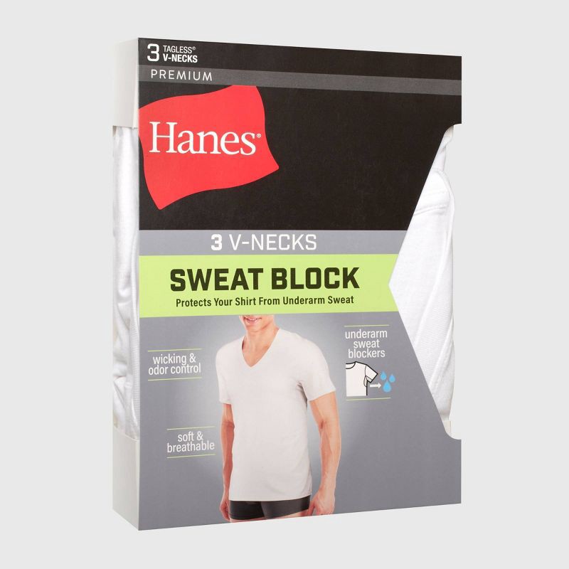 slide 2 of 6, Hanes Premium Men's Sweat Block V-Neck Undershirt 3pk - White M: Tagless, Moisture Wicking,, 3 ct