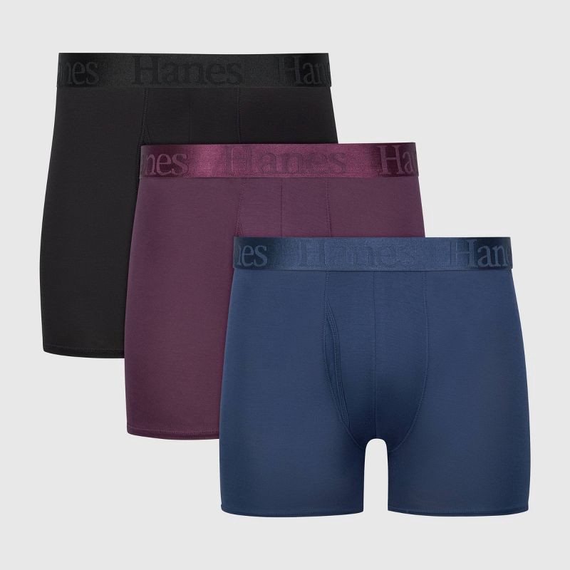 slide 1 of 9, Hanes Premium Hanes Originals Premium Men's SuperSoft Trunks 3pk - Teal Blue/Purple/Black XL: Tagless, Moisture Wicking, Stretch Fabric, 3 ct
