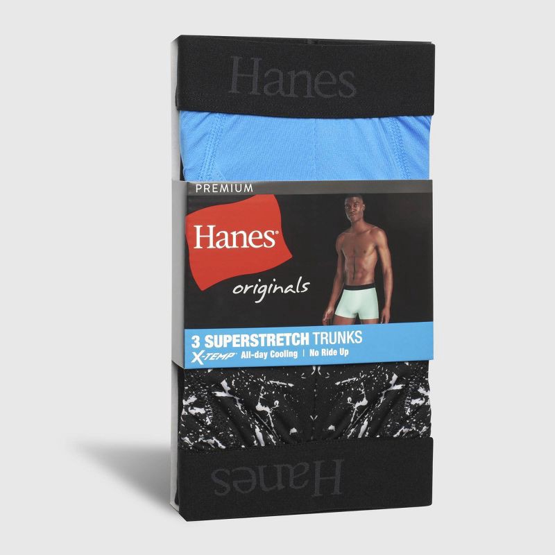 slide 2 of 6, Hanes Premium Hanes Originals Premium Men's Super Stretch Trunks 3pk - Blue/Black S: Tagless, Moisture Wicking, Quick Dry, 3 ct