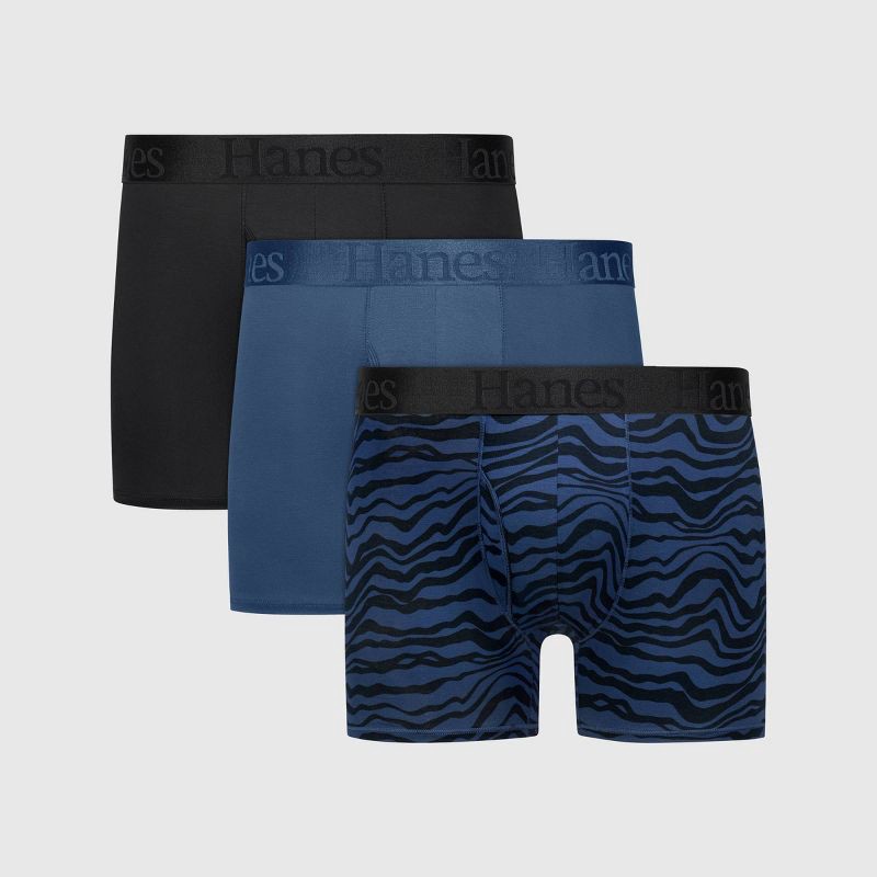 slide 1 of 9, Hanes Premium Hanes Originals Premium Men's SuperSoft Trunks 3pk - Blue/Black S: Lightweight, Tagless, Moisture Wicking, Stretch Knit Fabric, 3 ct