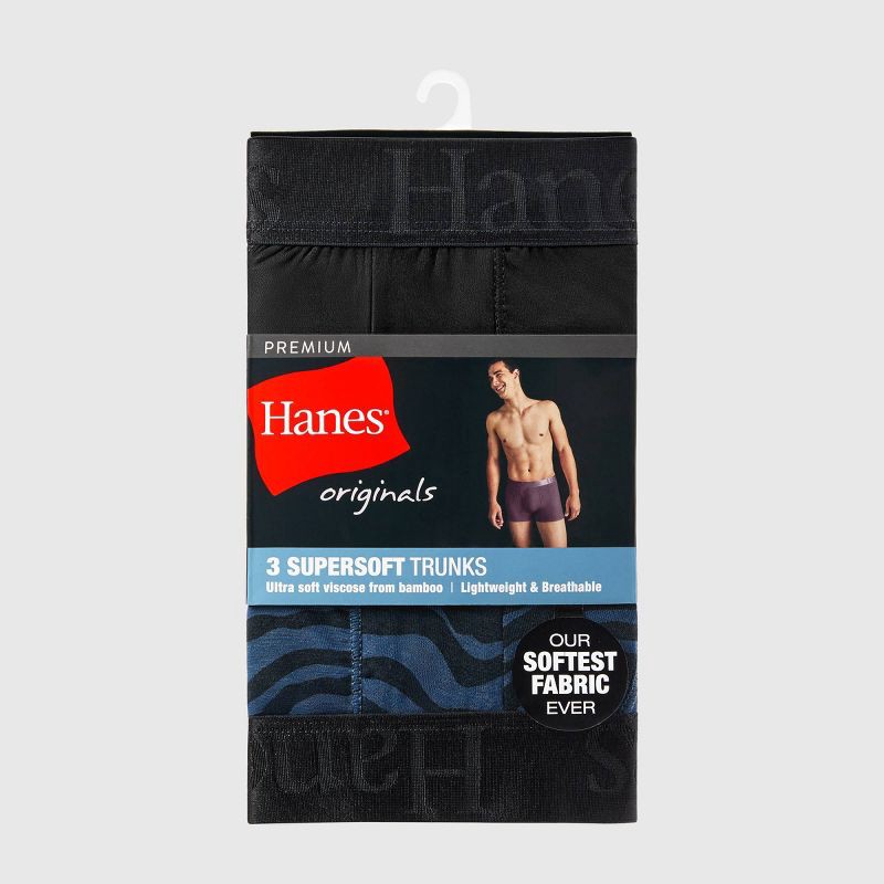 slide 2 of 9, Hanes Premium Hanes Originals Premium Men's SuperSoft Trunks 3pk - Blue/Black XL: Lightweight, Tagless, Moisture Wicking, Stretch Fabric, 3 ct