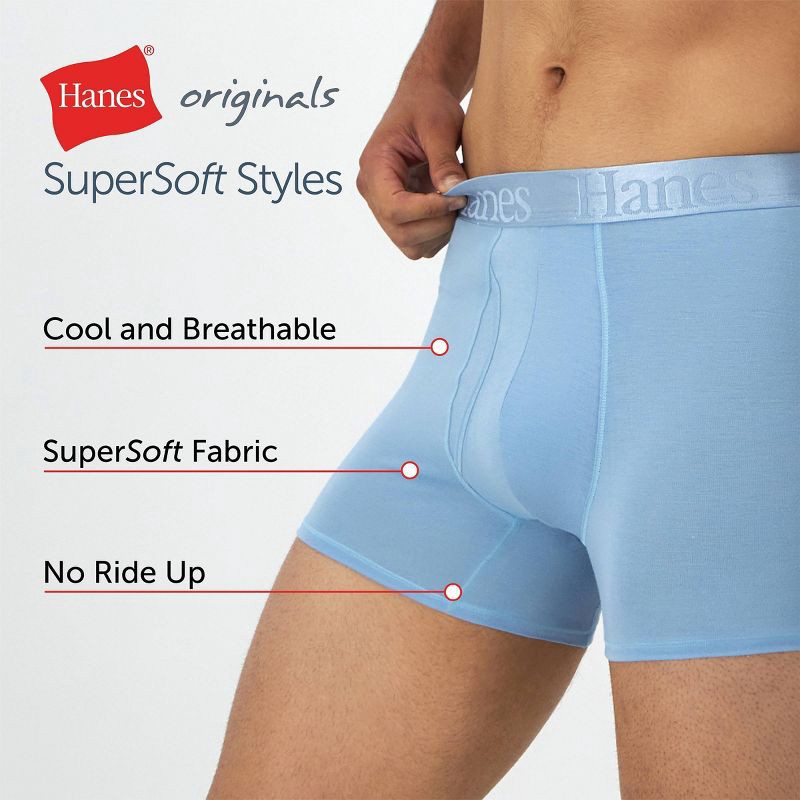 slide 8 of 9, Hanes Premium Hanes Originals Premium Men's SuperSoft Trunks 3pk - Blue/Black XL: Lightweight, Tagless, Moisture Wicking, Stretch Fabric, 3 ct