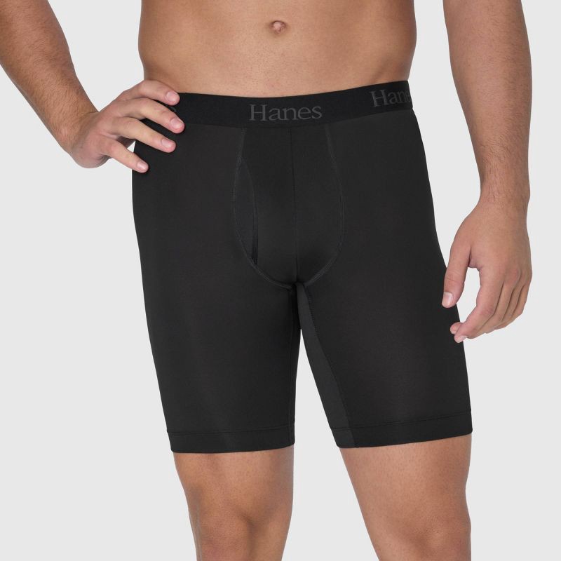 slide 3 of 6, Hanes Premium Hanes Originals Premium Men's Super Stretch Long Leg Boxer Briefs 3pk - Teal Blue/Gray/Black M: Tagless, Moisture Wicking, Quick Drying, 3 ct