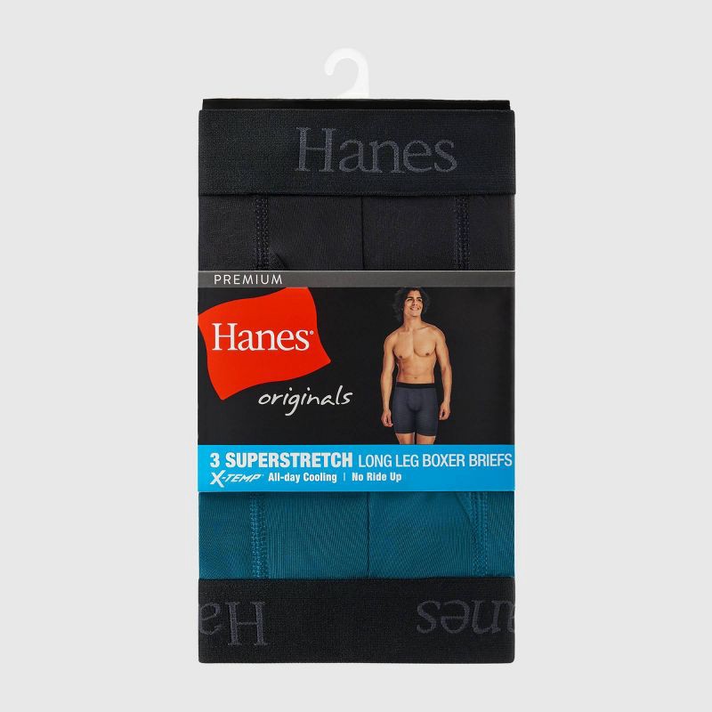 slide 2 of 6, Hanes Premium Hanes Originals Premium Men's Super Stretch Long Leg Boxer Briefs 3pk - Teal Blue/Gray/Black L: Tagless, Moisture Wicking, Quick Drying, 3 ct