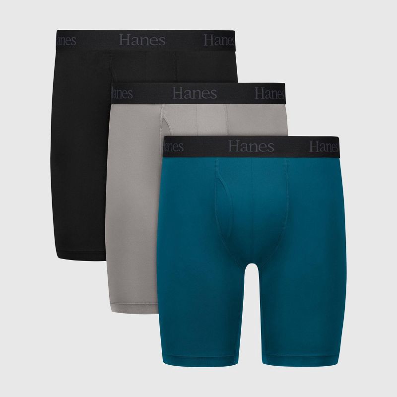 slide 1 of 6, Hanes Premium Hanes Originals Premium Men's Super Stretch Long Leg Boxer Briefs 3pk - Teal Blue/Gray/Black XL: Tagless, Moisture Wicking, Quick Drying, 3 ct