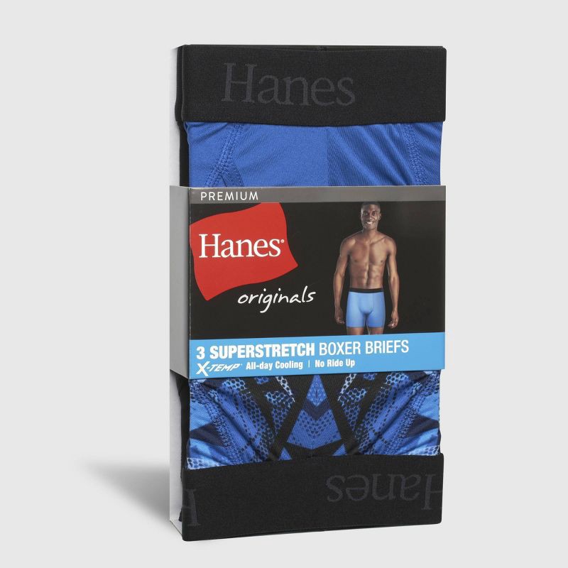 slide 2 of 6, Hanes Premium Hanes Originals Premium Super Stretch Boxer Briefs 3pk - Blue/Black M: Tagless, Moisture Wicking, Quick Drying, 3 ct