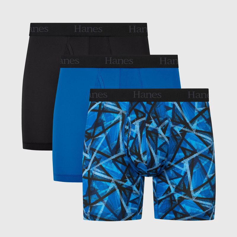 slide 1 of 6, Hanes Premium Hanes Originals Premium Super Stretch Boxer Briefs 3pk - Blue/Black M: Tagless, Moisture Wicking, Quick Drying, 3 ct