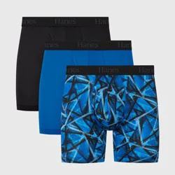 Hanes Premium Hanes Originals Premium Super Stretch Boxer Briefs 3pk - Blue/Black L: Tagless, Moisture Wicking, Quick Drying