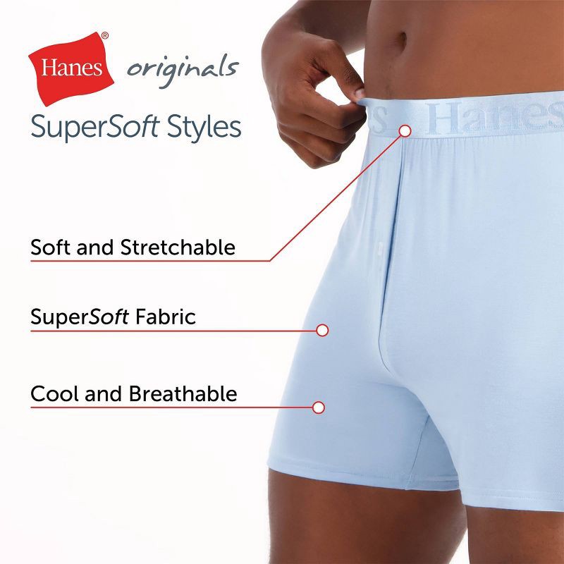 slide 8 of 9, Hanes Premium Hanes Originals Premium Men's SuperSoft Knit Boxer Shorts 3pk - Blue/Gray/Black S: Tagless, Moisture Wicking, Stretch Fabric, 3 ct
