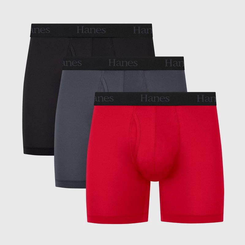 slide 1 of 6, Hanes Premium Hanes Originals Premium Men's Super Stretch Boxer Briefs 3pk - Gray/Red/Black M: Tagless, Moisture Wicking, Quick Dry, 3 ct