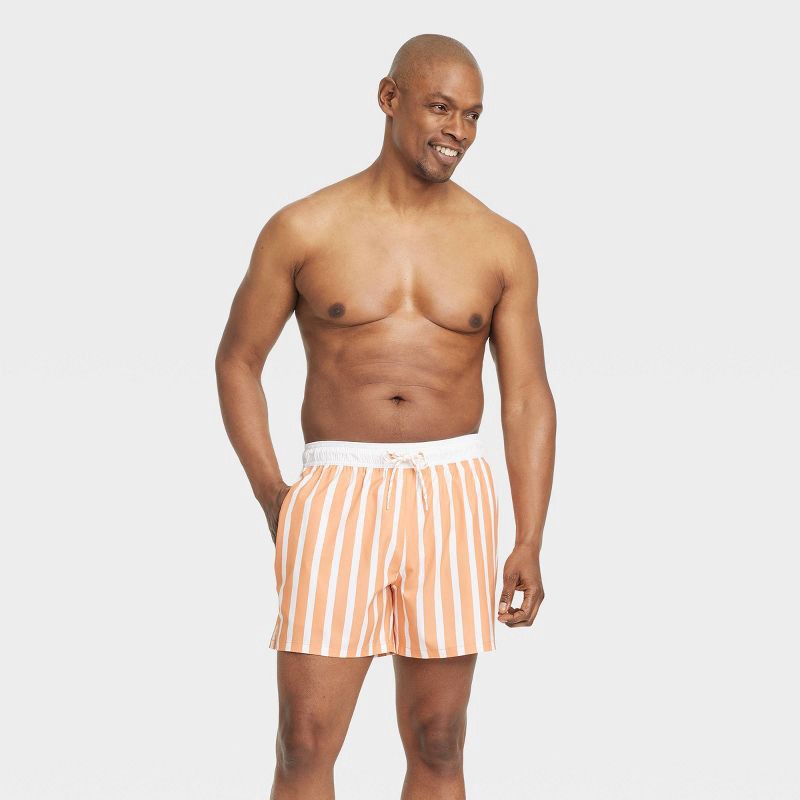 slide 3 of 4, Men's 5'' Striped Swim Trunks - Goodfellow & Co™ Orange Stripe L: UPF 50+, Pull-On Waist, Knit Fabric, 1 ct