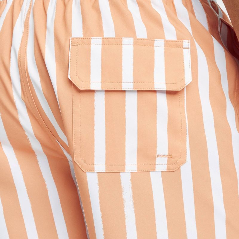 slide 4 of 4, Men's 5'' Striped Swim Trunks - Goodfellow & Co™ Orange Stripe L: UPF 50+, Pull-On Waist, Knit Fabric, 1 ct