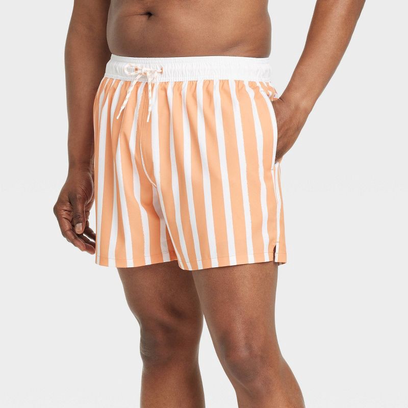 slide 1 of 4, Men's 5'' Striped Swim Trunks - Goodfellow & Co™ Orange Stripe L: UPF 50+, Pull-On Waist, Knit Fabric, 1 ct