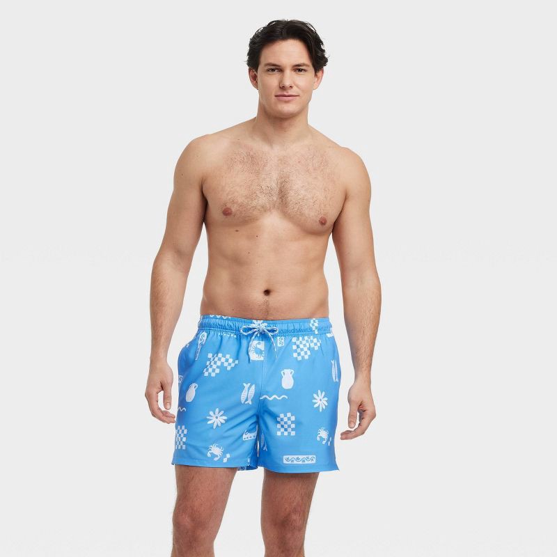 slide 3 of 4, Men's 5" Fish Swim Trunks - Goodfellow & Co™ Blue S: Recycled Polyester, UPF 50+, Pull-On Waist, 1 ct
