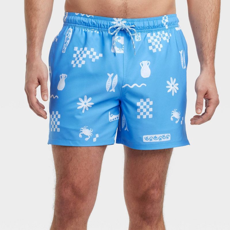slide 1 of 4, Men's 5" Fish Swim Trunks - Goodfellow & Co™ Blue S: Recycled Polyester, UPF 50+, Pull-On Waist, 1 ct