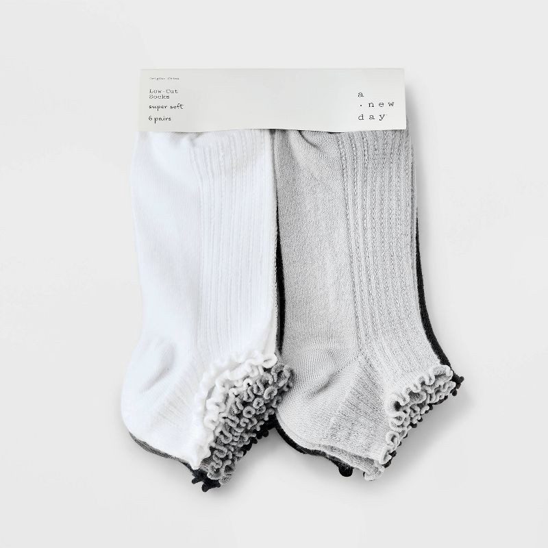 slide 2 of 3, Women's Pointelle Lettuce Edge 6pk Low Cut Socks - A New Day™ White/Gray/Black 4-10: Recycled Polyester, Ruffle Trim, Tagless, 6 ct