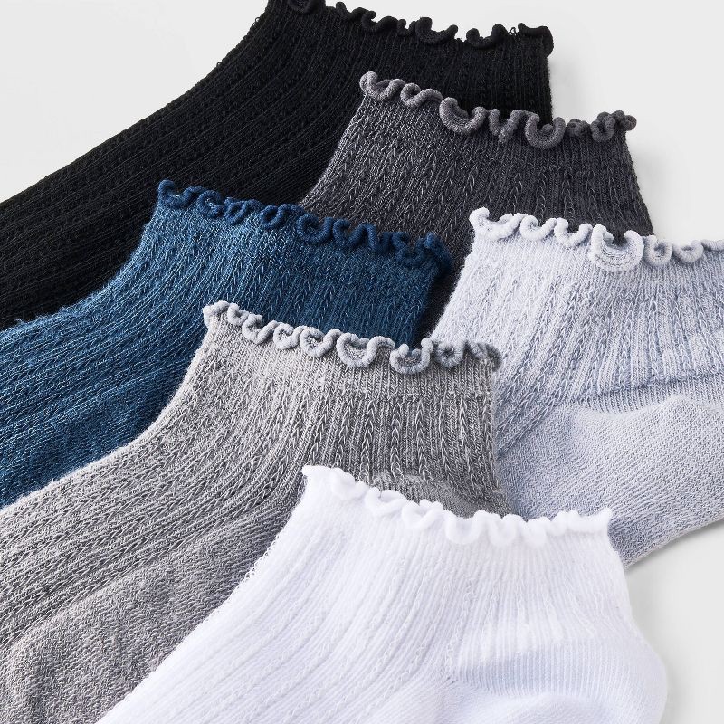 slide 3 of 3, Women's Pointelle Lettuce Edge 6pk Low Cut Socks - A New Day™ White/Gray/Black 4-10: Recycled Polyester, Ruffle Trim, Tagless, 6 ct