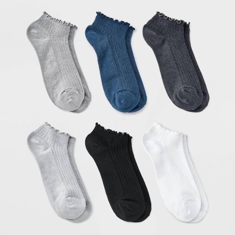slide 1 of 3, Women's Pointelle Lettuce Edge 6pk Low Cut Socks - A New Day™ White/Gray/Black 4-10: Recycled Polyester, Ruffle Trim, Tagless, 6 ct