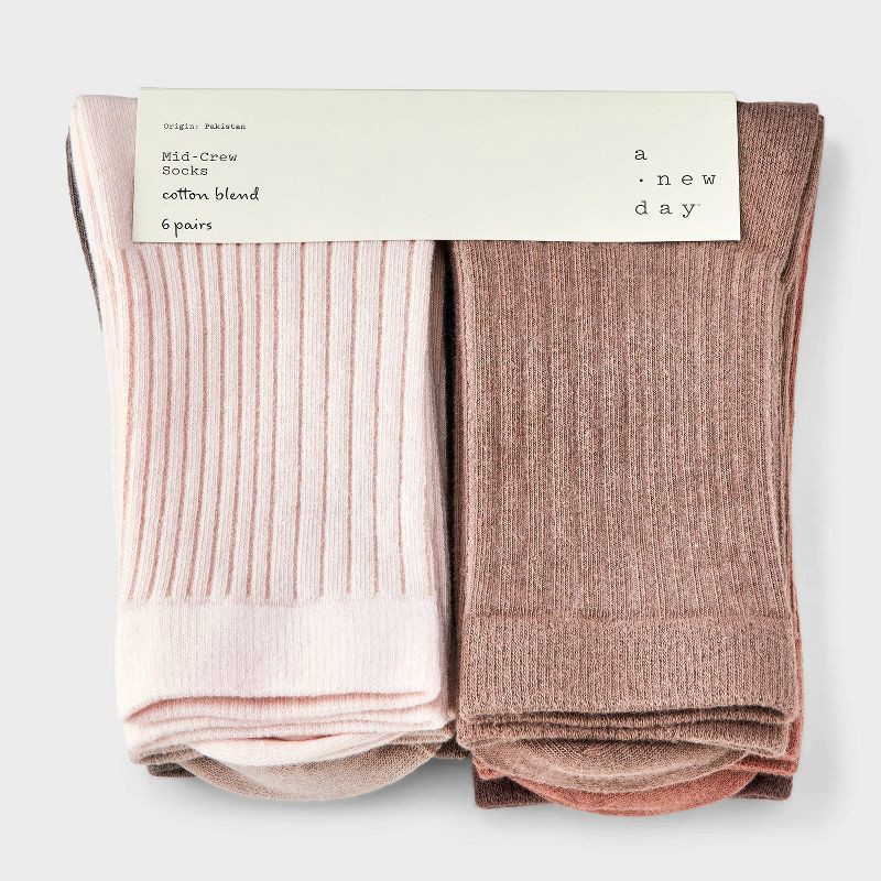 slide 2 of 3, Women's Variegated Ribbed 6pk Mid Crew Socks - A New Day™ Peach/Beige/Brown 4-10: Cotton Blend, Tagless, Smooth Toe Seams, 6 ct
