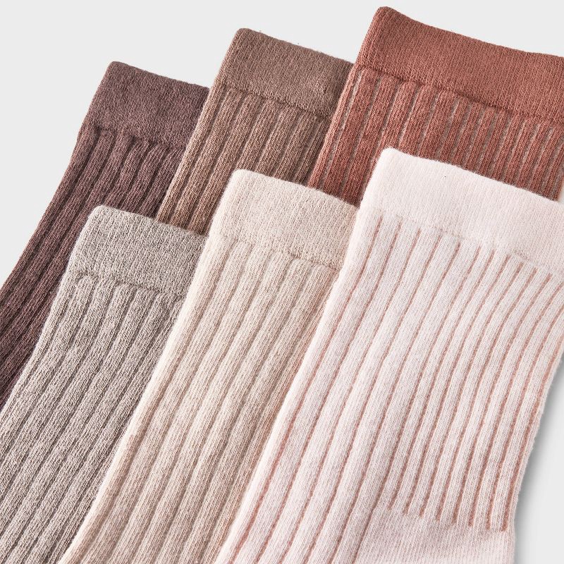 slide 3 of 3, Women's Variegated Ribbed 6pk Mid Crew Socks - A New Day™ Peach/Beige/Brown 4-10: Cotton Blend, Tagless, Smooth Toe Seams, 6 ct