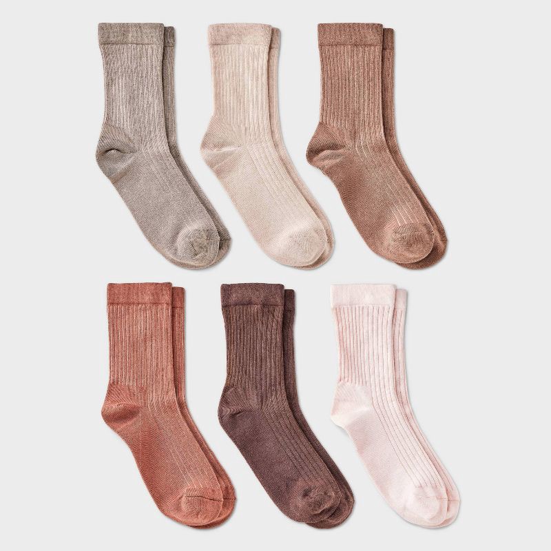 slide 1 of 3, Women's Variegated Ribbed 6pk Mid Crew Socks - A New Day™ Peach/Beige/Brown 4-10: Cotton Blend, Tagless, Smooth Toe Seams, 6 ct