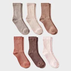 Women's Variegated Ribbed 6pk Mid Crew Socks - A New Day™ Peach/Beige/Brown 4-10: Cotton Blend, Tagless, Smooth Toe Seams