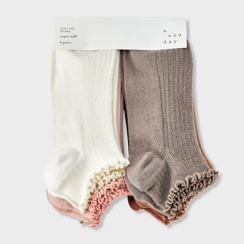 slide 2 of 3, Women's Pointelle Lettuce Edge 6pk Low Cut Socks - A New Day™ Ivory/Peach/Brown 4-10: Recycled Polyester, Ruffle Trim, Tagless, 6 ct