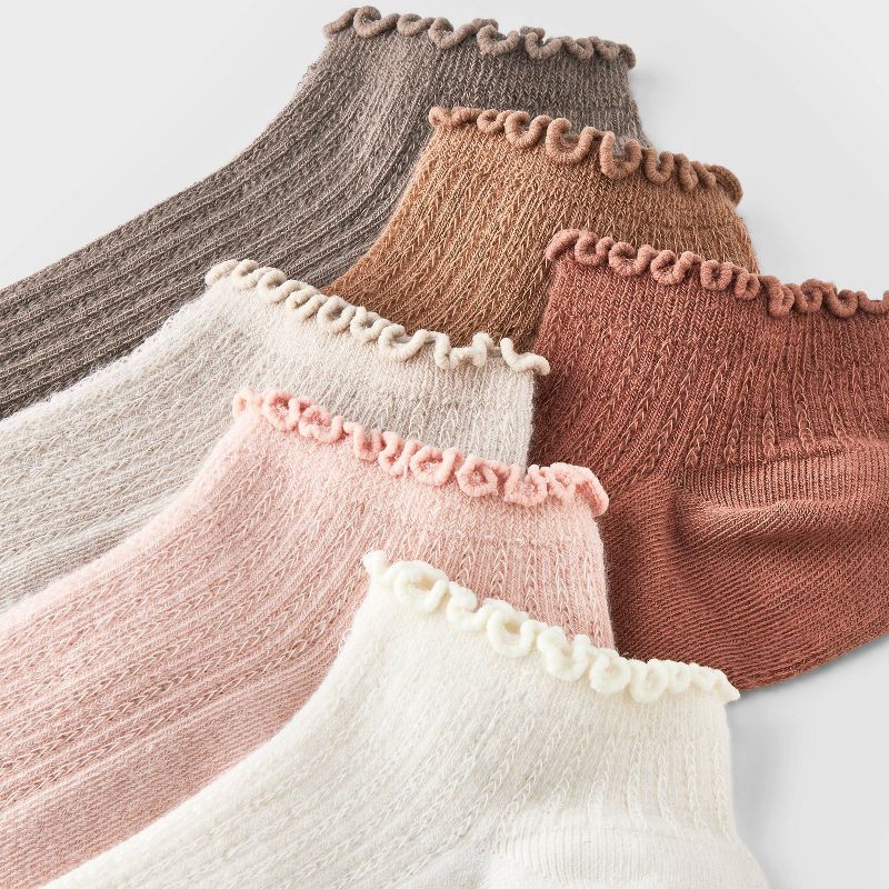 slide 3 of 3, Women's Pointelle Lettuce Edge 6pk Low Cut Socks - A New Day™ Ivory/Peach/Brown 4-10: Recycled Polyester, Ruffle Trim, Tagless, 6 ct