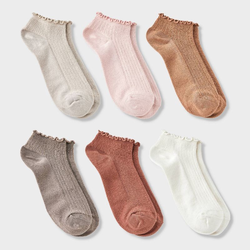 slide 1 of 3, Women's Pointelle Lettuce Edge 6pk Low Cut Socks - A New Day™ Ivory/Peach/Brown 4-10: Recycled Polyester, Ruffle Trim, Tagless, 6 ct