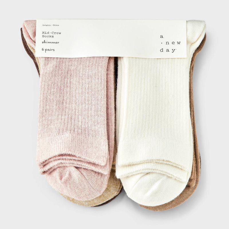 slide 2 of 3, Women's Shimmer and Solid Fine Ribbed 6pk Crew Socks - A New Day™ Peach/Ivory/Brown 4-10: Recycled Polyester, Tagless, Smooth Toe Seams, 6 ct