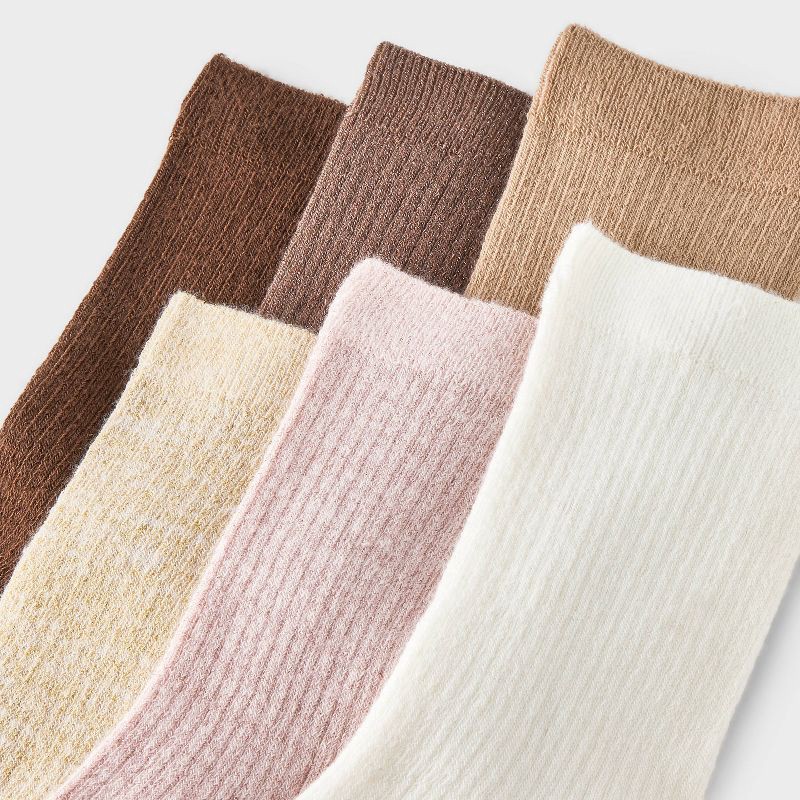 slide 3 of 3, Women's Shimmer and Solid Fine Ribbed 6pk Crew Socks - A New Day™ Peach/Ivory/Brown 4-10: Recycled Polyester, Tagless, Smooth Toe Seams, 6 ct