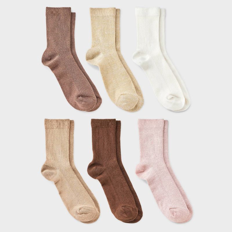 slide 1 of 3, Women's Shimmer and Solid Fine Ribbed 6pk Crew Socks - A New Day™ Peach/Ivory/Brown 4-10: Recycled Polyester, Tagless, Smooth Toe Seams, 6 ct