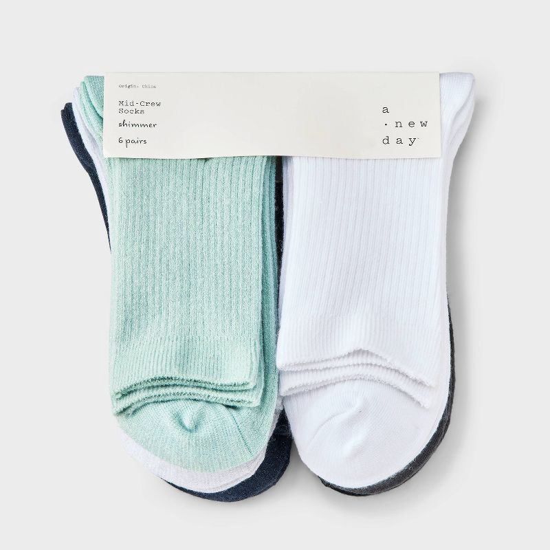 slide 2 of 3, Women's Shimmer and Solid Fine Ribbed 6pk Crew Socks - A New Day™ Blue/Black/Ivory 4-10: Recycled Polyester, Tagless, 6 ct