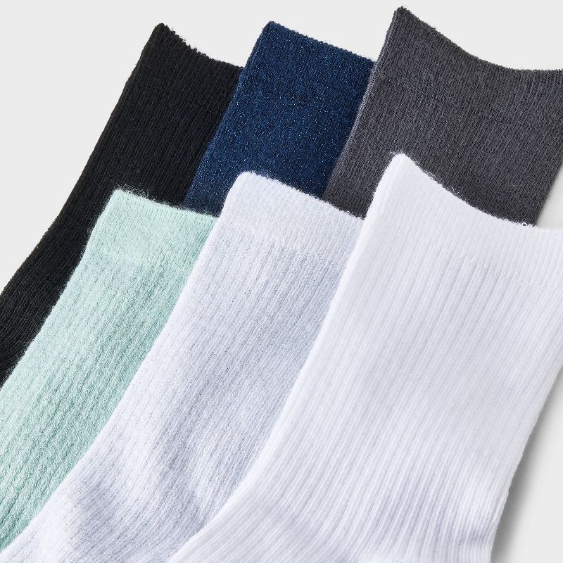 slide 3 of 3, Women's Shimmer and Solid Fine Ribbed 6pk Crew Socks - A New Day™ Blue/Black/Ivory 4-10: Recycled Polyester, Tagless, 6 ct