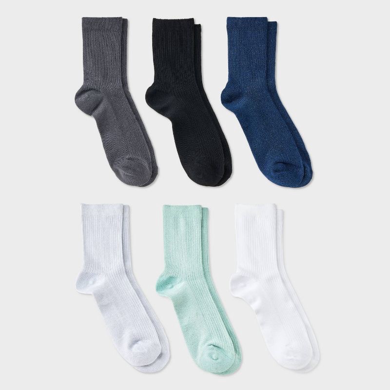 slide 1 of 3, Women's Shimmer and Solid Fine Ribbed 6pk Crew Socks - A New Day™ Blue/Black/Ivory 4-10: Recycled Polyester, Tagless, 6 ct