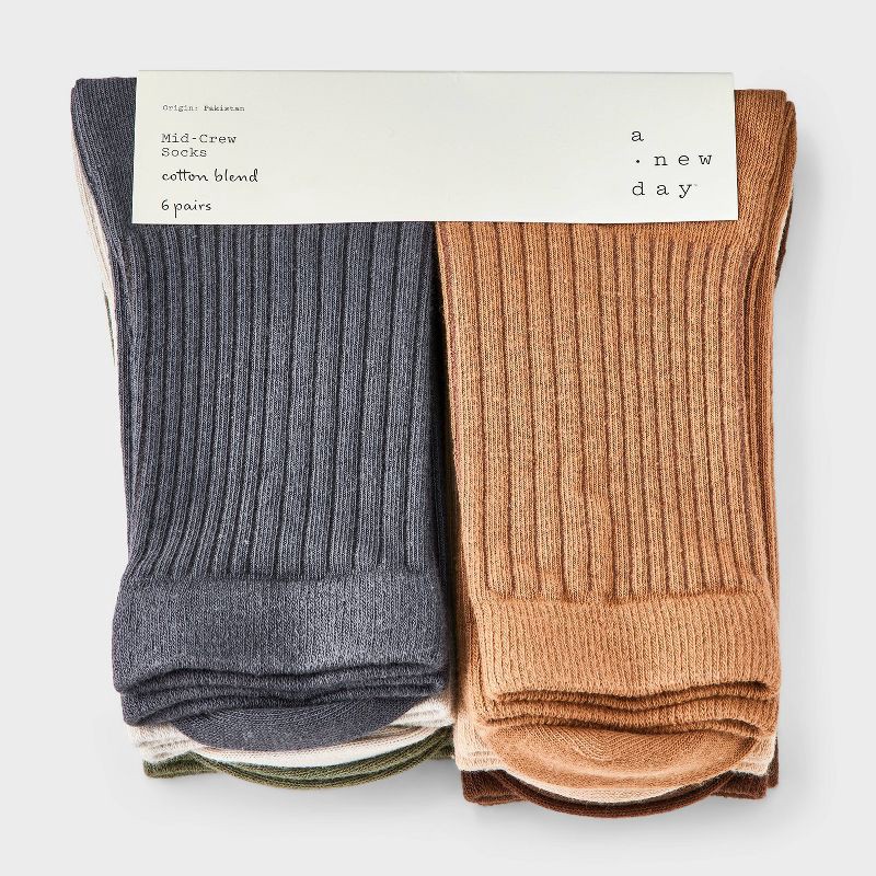 slide 2 of 3, Women's Variegated Ribbed 6pk Mid Crew Socks - A New Day™ Ivory/Green/Brown 4-10: Tagless, Knit, 6 ct