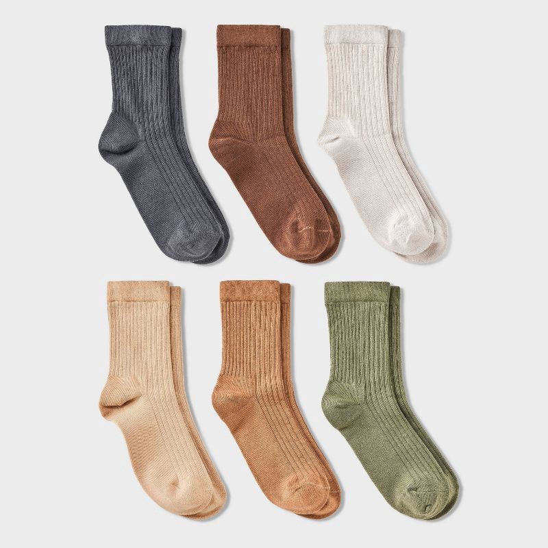 slide 1 of 3, Women's Variegated Ribbed 6pk Mid Crew Socks - A New Day™ Ivory/Green/Brown 4-10: Tagless, Knit, 6 ct