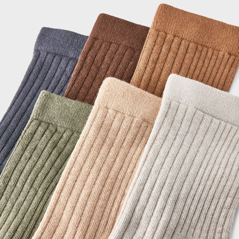 slide 3 of 3, Women's Variegated Ribbed 6pk Mid Crew Socks - A New Day™ Ivory/Green/Brown 4-10: Tagless, Knit, 6 ct