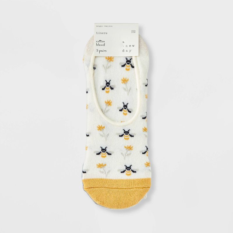 slide 2 of 3, Women's Bee 3pk Liner Socks - A New Day™ Ivory/Gold/Heather Gray 4-10: Cotton Blend, Seamless Toe, Hidden Gel Heel Grip, 3 ct
