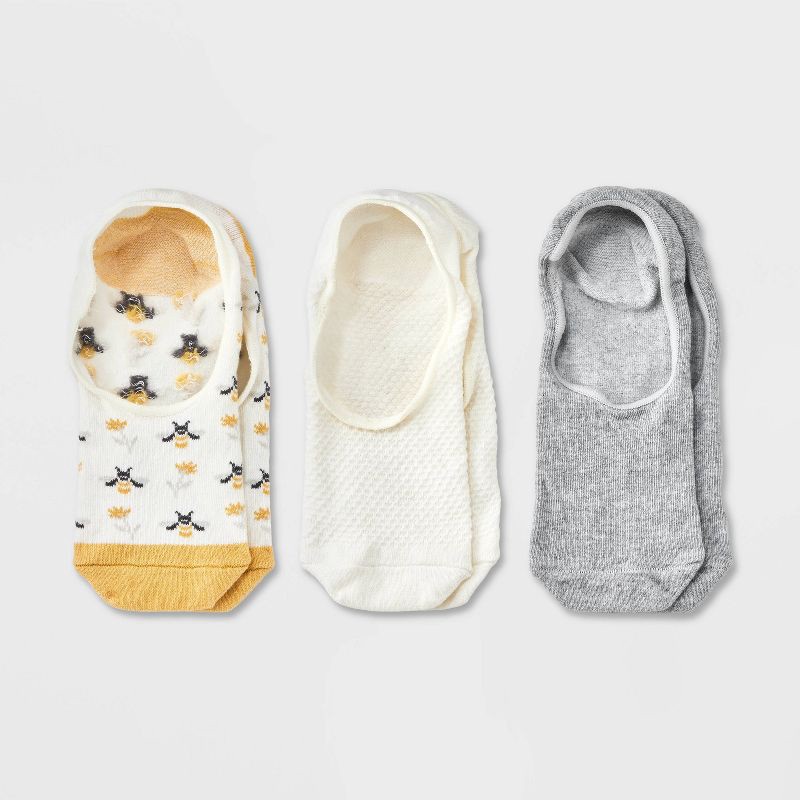 slide 1 of 3, Women's Bee 3pk Liner Socks - A New Day™ Ivory/Gold/Heather Gray 4-10: Cotton Blend, Seamless Toe, Hidden Gel Heel Grip, 3 ct