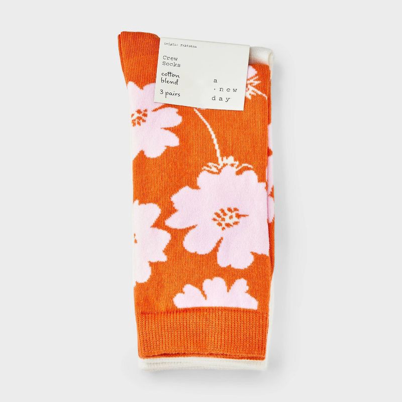 slide 2 of 3, Women's Floral 3pk Crew Socks - A New Day™ Orange/Pink/Ivory 4-10: Tagless, Smooth Toe Seams, 3 ct