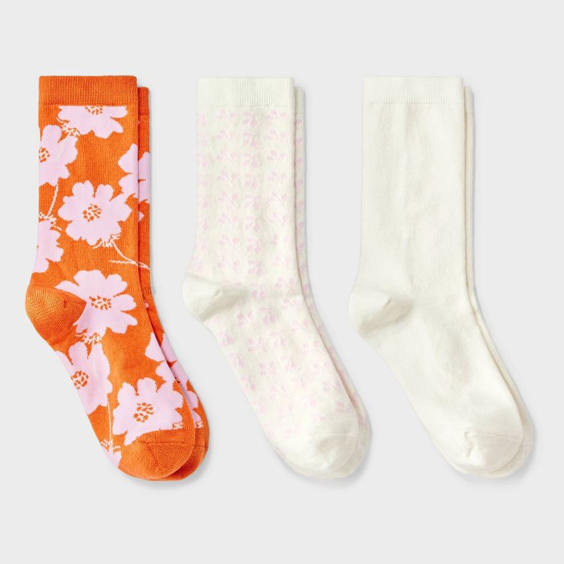 slide 1 of 3, Women's Floral 3pk Crew Socks - A New Day™ Orange/Pink/Ivory 4-10: Tagless, Smooth Toe Seams, 3 ct