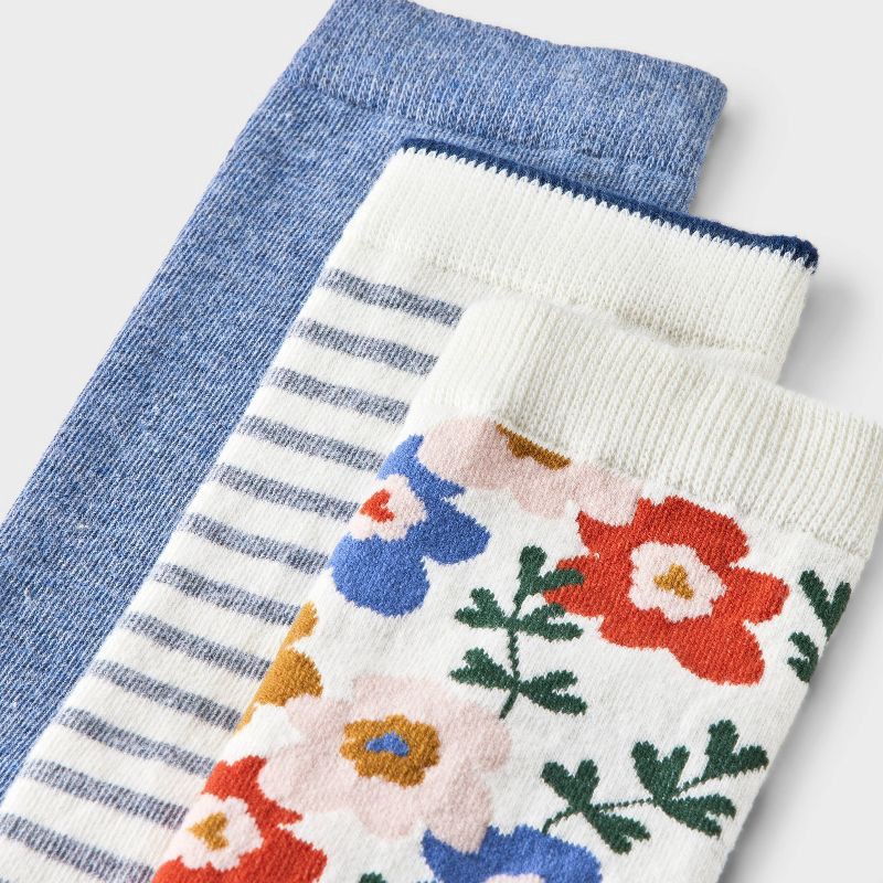 slide 3 of 3, Women's Floral 3pk Crew Socks - A New Day™ Ivory/Blue/Gray 4-10: Tagless, Smooth Toe Seams, 3 ct