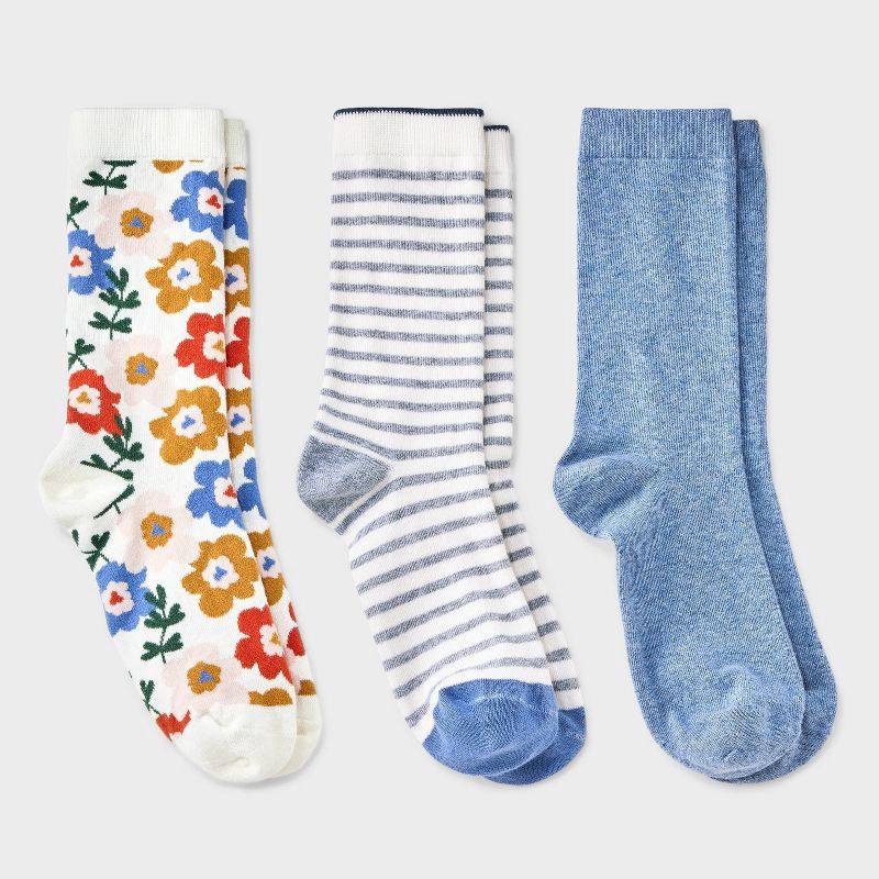 slide 1 of 3, Women's Floral 3pk Crew Socks - A New Day™ Ivory/Blue/Gray 4-10: Tagless, Smooth Toe Seams, 3 ct