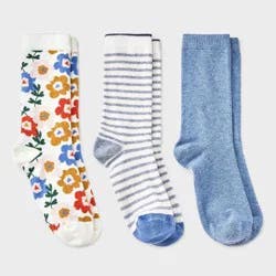 Women's Floral 3pk Crew Socks - A New Day™ Ivory/Blue/Gray 4-10: Tagless, Smooth Toe Seams