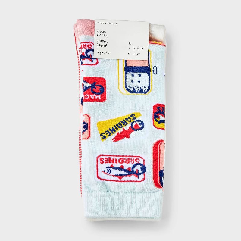 slide 2 of 3, Women's Sardines 3pk Crew Socks - A New Day™ Aqua/Ivory/Red 4-10: Floral Knit, Tagless, Smooth Toe Seams, 3 ct