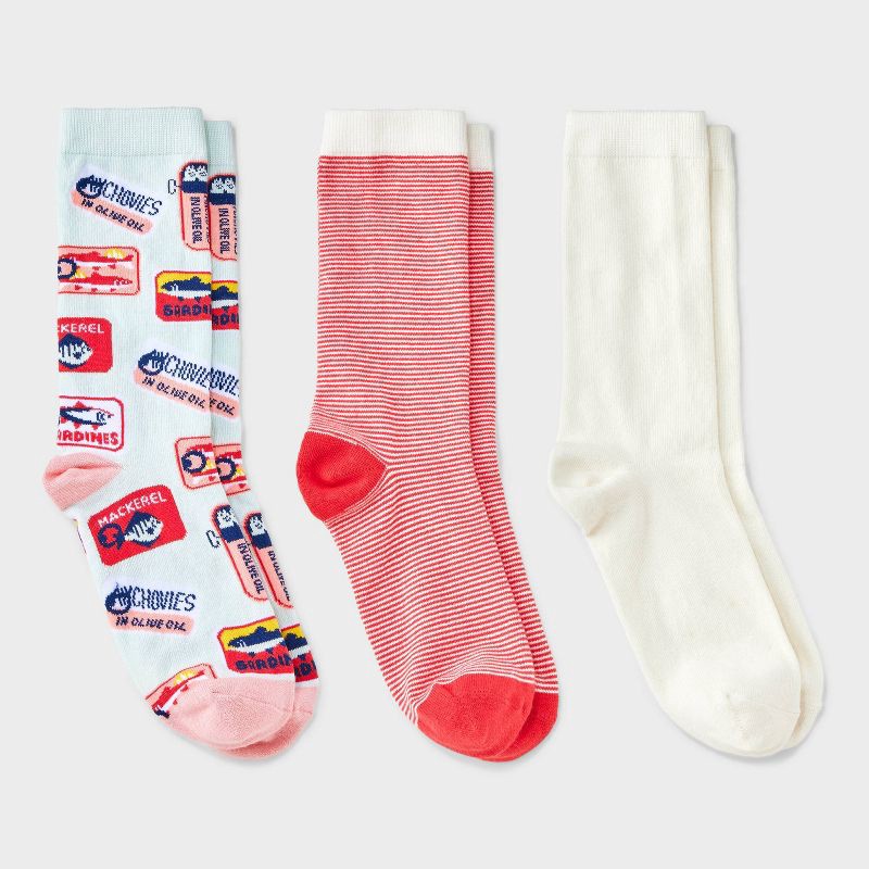 slide 1 of 3, Women's Sardines 3pk Crew Socks - A New Day™ Aqua/Ivory/Red 4-10: Floral Knit, Tagless, Smooth Toe Seams, 3 ct