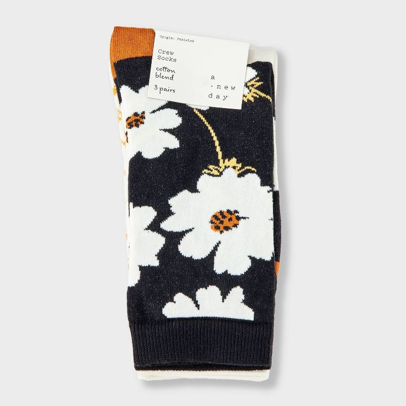 slide 2 of 3, Women's Floral 3pk Crew Socks - A New Day™ Black/Ivory/Gold 4-10: Tagless, Smooth Toe Seams, 3 ct