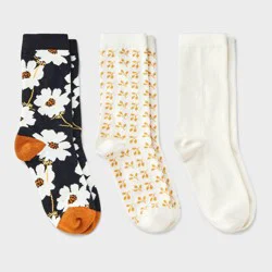 Women's Floral 3pk Crew Socks - A New Day™ Black/Ivory/Gold 4-10: Tagless, Smooth Toe Seams